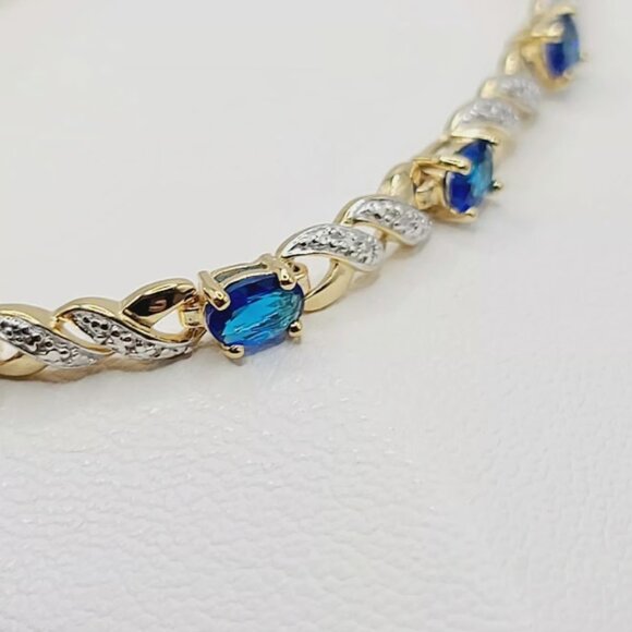 18KT Yellow Gold Sterling Silver Blue & White Cubic Zirconi Bracelet $225 8" NWB - Picture 11 of 16